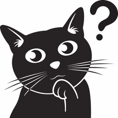 Black cat cartoon thinking with question mark on white background