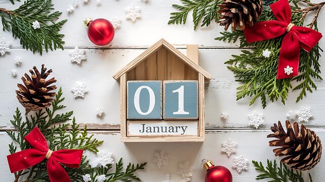 Festive new year s day celebration with a wooden house calendar displaying january first surrounded by evergreen branches and pinecones - Powered by Adobe
