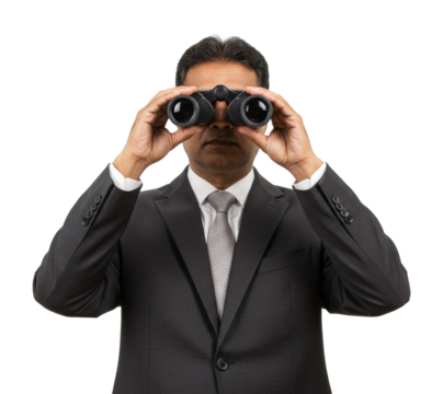 Businessman in suit using binoculars. Cut out PNG