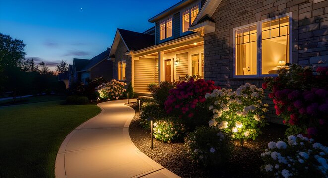 A beautiful suburban home at twilight with an illuminated front walkway and garden.