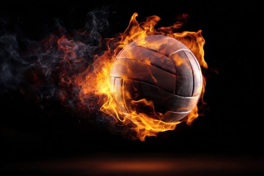 Volleyball engulfed in flames creating a striking visual effect against a black background, capturing the intensity of the sport and fire's dynamic beauty