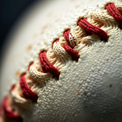 Close up macro of baseball stitch seam fibers and threads with a shallow depth of field and copy space