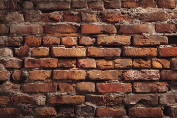 Obraz premium Old red brick wall texture background. Grungy, rustic masonry backdrop with weathered bricks and crumbling mortar for design.