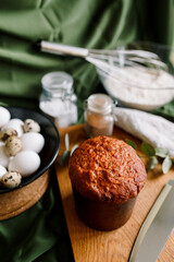 Traditional Easter cakes (kulich) with glaze, nuts, and dried fruits. Rustic still lifes with milk, eggs, willow branches, gift boxes, and festive decorations for Orthodox Easter celebration.
