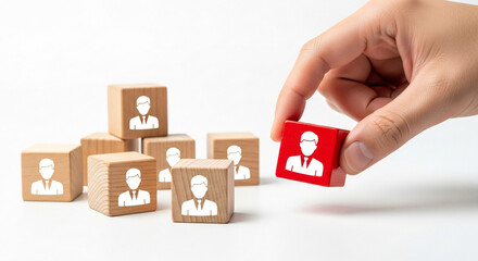 Hand picking out a red block with a person icon from wooden blocks on white. Human resources, talent acquisition or recruitment concept for business.