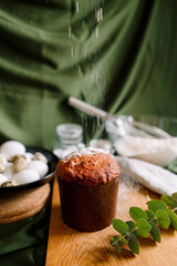 Traditional Easter cakes (kulich) with glaze, nuts, and dried fruits. Rustic still lifes with milk, eggs, willow branches, gift boxes, and festive decorations for Orthodox Easter celebration.