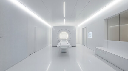 A clean and minimalist medical equipment room, with a MRI scanner ,minimalist design concept and modern aesthetic.