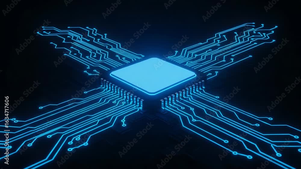 Poster futuristic glowing blue microchip with intricate circuit board pathways, symbolizing technology, dat