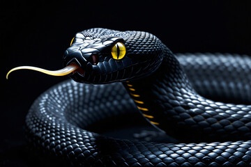 Naklejka premium Moody Black Snake with Thin Forked Tongue Flicking Out Slowly, Highlighted by Soft Rim Light Against Pure Black Background – Dramatic Film Noir Illustration