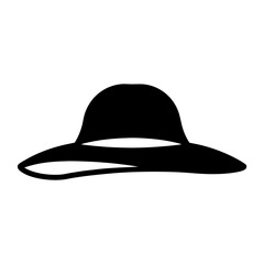 Wide brim hat silhouette for fashion or summer icons, Black silhouette of a wide brim hat, often associated with summer fashion, sun protection, travel, or beach-themed graphics.
