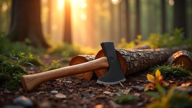 Firewood and axe resting on forest floor with golden hour sunlight - Powered by Adobe