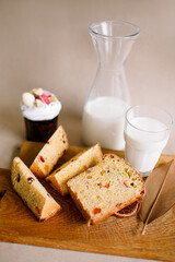 Traditional Easter cakes (kulich) with glaze, nuts, and dried fruits. Rustic still lifes with milk, eggs, willow branches, gift boxes, and festive decorations for Orthodox Easter celebration.
(198 сим