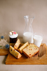 Traditional Easter cakes (kulich) with glaze, nuts, and dried fruits. Rustic still lifes with milk, eggs, willow branches, gift boxes, and festive decorations for Orthodox Easter celebration.
(198 сим