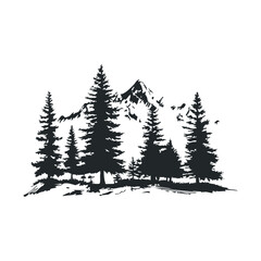 Obraz premium Black and white mountain landscape with pine trees silhouette