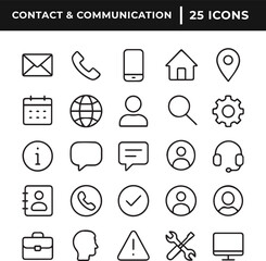 Contact and communication related line art icon set collection vector illustration