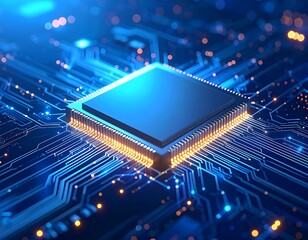 Close-up of a central processing unit on a circuit board, glowing blue and orange