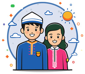 Celebrating Eid Islamic Culture Cartoon Couple in Traditional Clothing With Smiling Faces