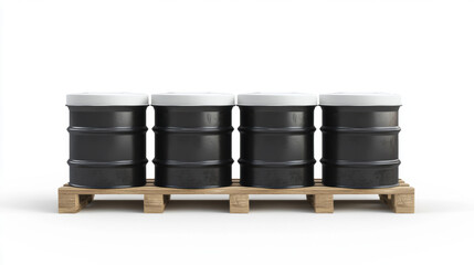 a black metal drum barrels with white lids sitting on a wooden pallet, isolated white background. 3d illustration.