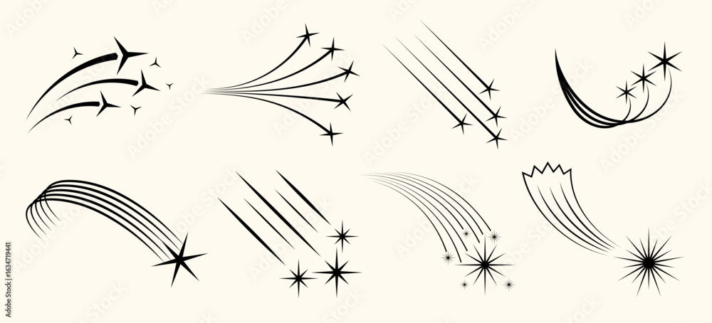 Poster abstract star and meteor illustrations with sparkling trails and retro silhouettes. perfect for invi