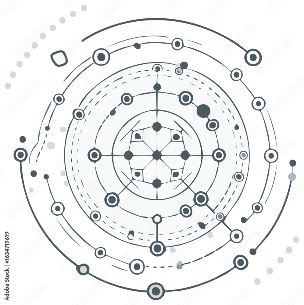 Poster abstract geometric diagram with connected dots and circles in gray tones
