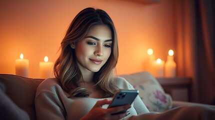 Young Woman Using Smartphone While Sitting on Sofa at Home