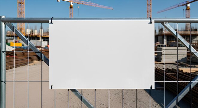 A blank white sign hangs on a metal construction fence, with construction cranes and building materials visible in the background under a clear blue sky.