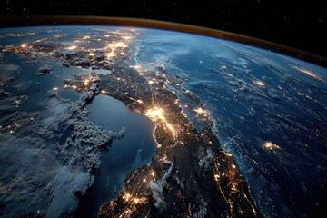 Obraz premium Earth at night, a view from space, showing city lights