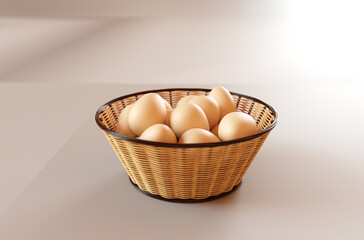 Brown eggs in the basket. 3D rendering illustration.