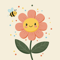 Cheerful flower with smiling face and buzzing bee on pastel background  