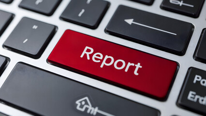 Close up of a keyboard with a red report button surrounded by black keys on a silver keyboard surface