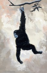 Abstract oil painting wall art of a monkey hanging from a tree branch.