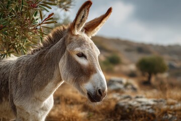 Realistic portrait of a donkey amidst nature showcasing its distinctive features and serene surroundings in a sunny, rural landscape