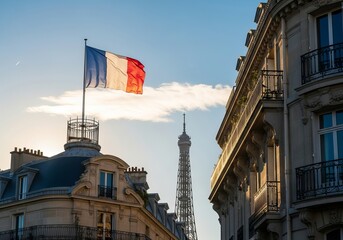 Majestic French Flag Soaring Above Historic Parisian Architecture with Eiffel Tower in Background