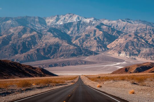 Scenic desert highway leading to snow-capped mountains - Powered by Adobe