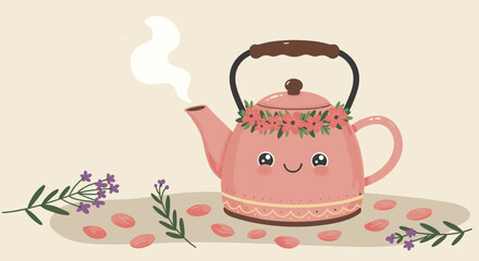 Cute pink teapot with steam and flowers on pastel background  