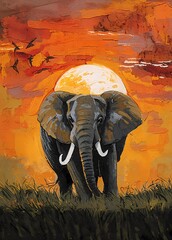 Textured oil painting wall art of an elephant in front of a sunset.