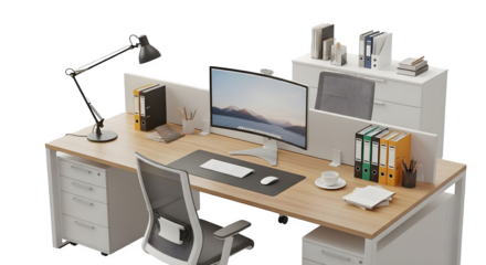 A modern office setup with desk and accessories    .ai generative, transparent background, white background. isolated on white background, png, jpeg, jpg.