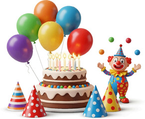 Colorful 3D Birthday Celebration with Cake, Balloons, Clown, and Party Hats