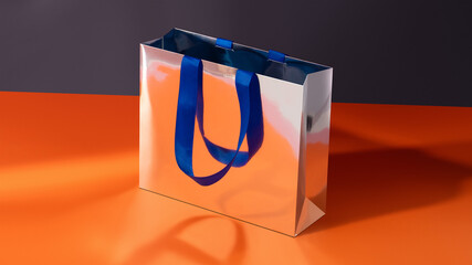 Grey metallic paper glossy shopping bag mockup with blue handles	
