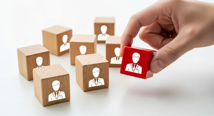 Hand picking one red cube from group of wooden cubes with white human figures. Business, team building, and job recruitment concept.
