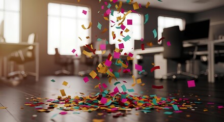 Colorful confetti falls in a modern office space, celebrating success or achievement.
