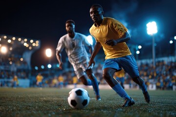 Naklejka premium Intense football match under stadium lights with players competing for possession on the field during evening hours