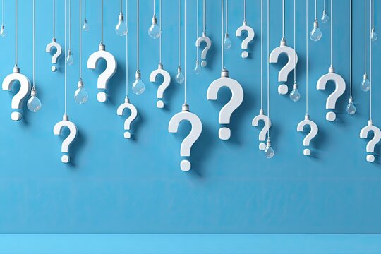 White question marks hanging like light bulbs - Powered by Adobe