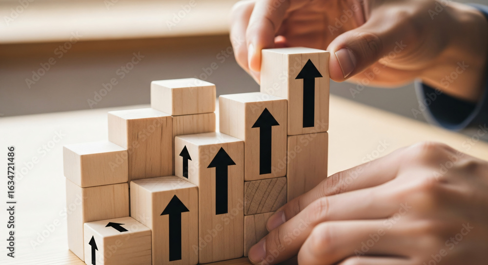 Aufkleber man arranging wooden blocks into a rising graph with upward arrows. business growth and investment c