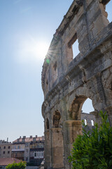 A part of the amphitheater with tree and sun  in Pula, Croatia