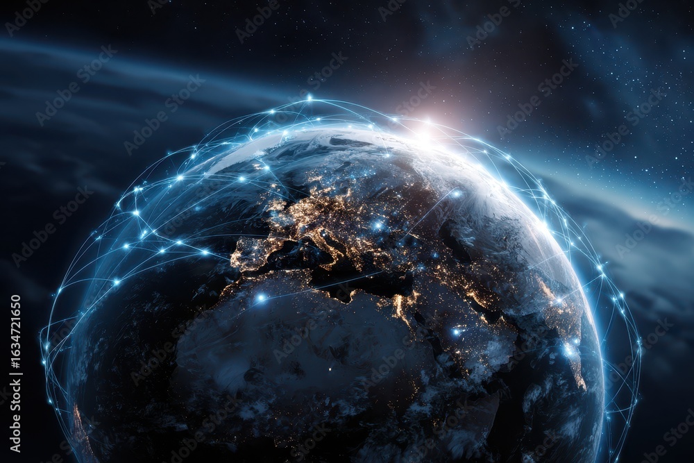 Poster digital globe illustrating global connectivity and humanity's interconnectedness through advanced te
