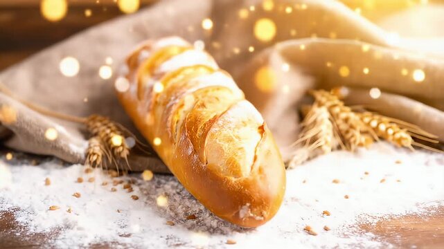 Freshly baked bread loaf on wooden table