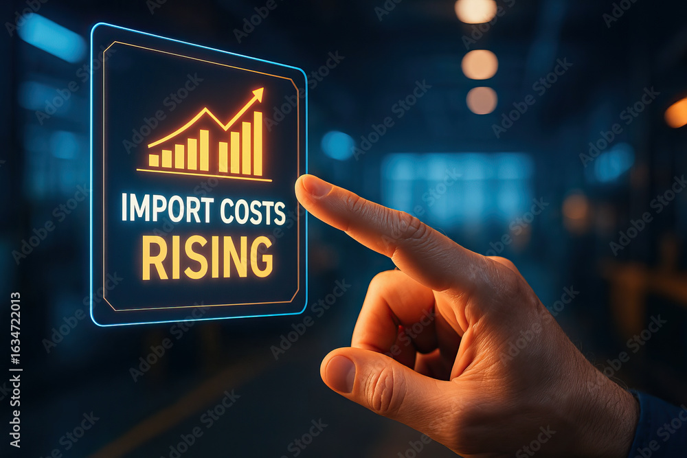 Poster import costs rising concept with hand pointing at glowing digital interface showing increasing bar c