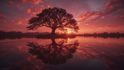 Obraz premium Majestic Tree Silhouetted Against a Fiery Sunset Reflecting in Calm Water