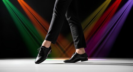 A dancer's legs and feet in black shoes performing on a stage illuminated by colorful spotlights.